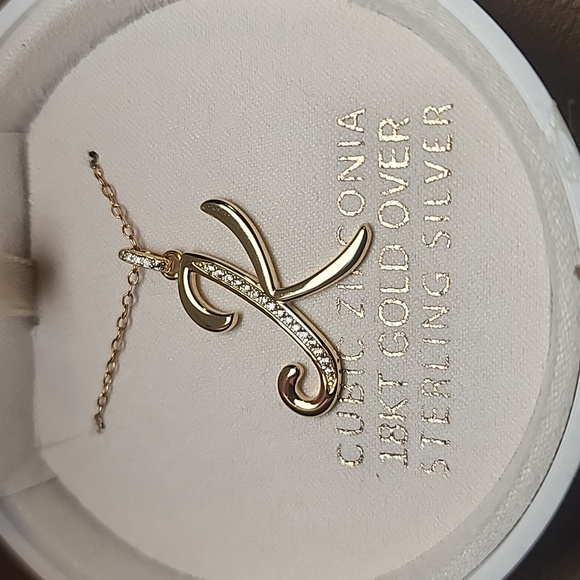 Macy's Jewelry - New Cubic Zirconia 18KT Gold Over Sterling Silver "K" Pendant Necklace, NWT
